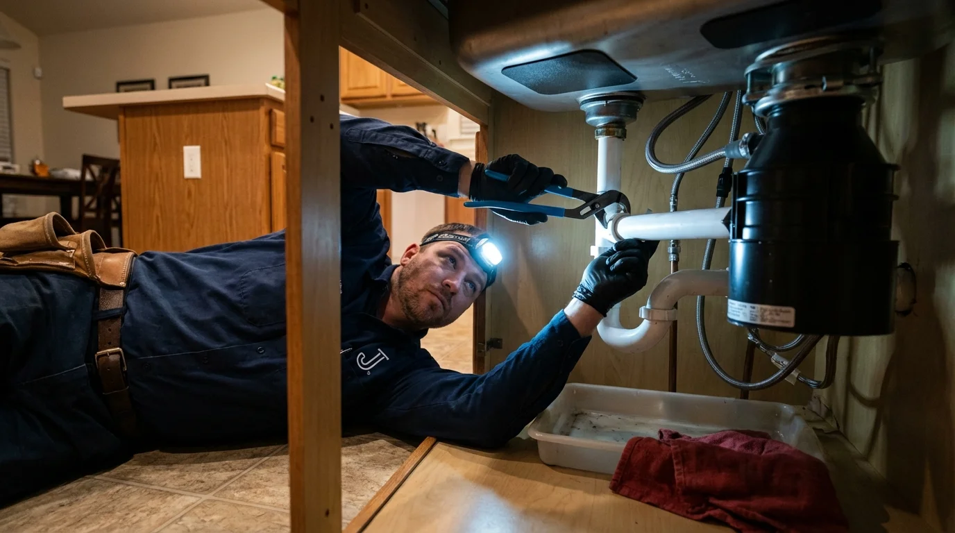 P-trap and supply line connections under a kitchen sink showing a common leak point in Hayti, MO